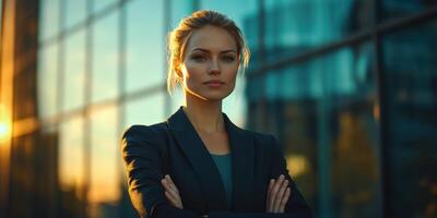 Confident businesswoman posing in front of modern glass building during sunset photo