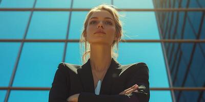 Confident businesswoman posing against modern glass buildings on a sunny day in an urban environment photo