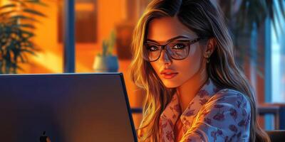 Young woman working late at night on laptop in modern indoor setting with warm lighting photo
