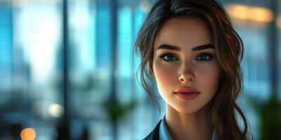 Professional woman with striking features in a modern office setting during the day photo