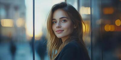 Young woman enjoying sunset reflections in a vibrant urban setting during evening hours photo