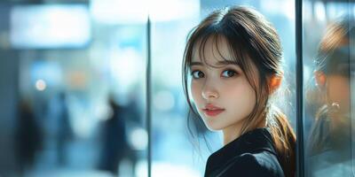 Young woman with a gentle expression stands in a bustling urban environment during daylight photo