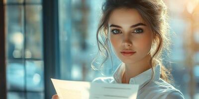 Young woman reading a document in a well-lit modern space during the afternoon photo