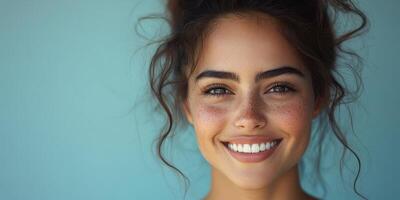 Smiling woman with curly hair and freckles poses against a light blue background during a sunny day photo