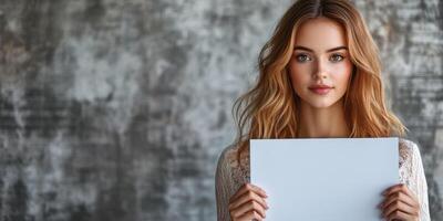 Young woman holds blank paper in modern interior with textured wall photo