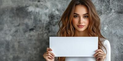 Young woman holding a blank sign against a textured gray wall in a modern indoor setting photo