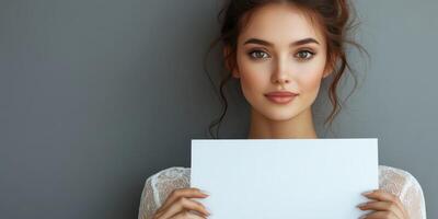 Woman holding blank sign against a gray background while looking confidently at the camera photo