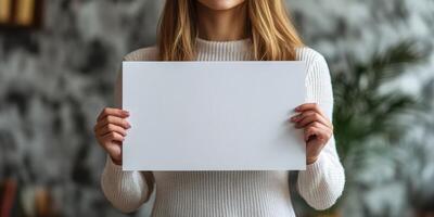 Woman holding a blank sheet of paper in a stylish indoor setting with a modern design photo