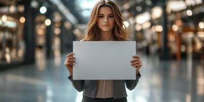 Young woman holds blank sign in modern urban space with soft lighting and a stylish atmosphere photo
