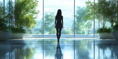 Silhouette of a person walking towards a large glass window surrounded by greenery during daylight photo