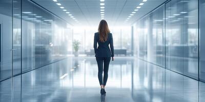 Businesswoman walks confidently through a modern office corridor during the day, showcasing professionalism and determination photo