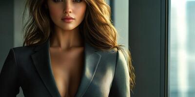 Confident individual in modern attire poses elegantly within a stylish interior during afternoon light hours photo
