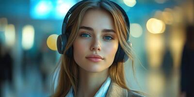 Young woman with headphones enjoying music in a modern urban setting during evening hours photo
