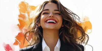 Young woman smiles joyfully outdoors against a colorful abstract backdrop in bright sunlight photo