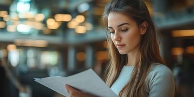Young woman reading documents in a modern workspace during late afternoon indoors photo