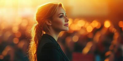 Woman in profile gazing thoughtfully during sunset amidst a crowded outdoor event photo