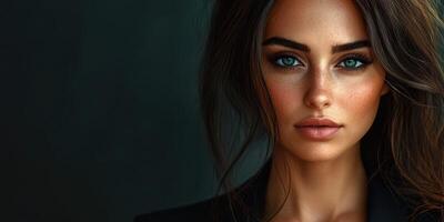 Stunning portrait of a woman with striking blue eyes and long hair in soft lighting against a dark background photo