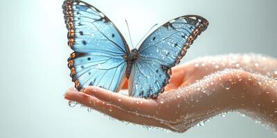 Elegant blue butterfly rests on a hand with droplets of water showcasing nature's beauty and delicacy photo