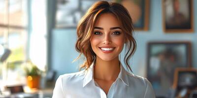 Young woman in a bright indoor setting smiling warmly, surrounded by art and natural light during daytime photo