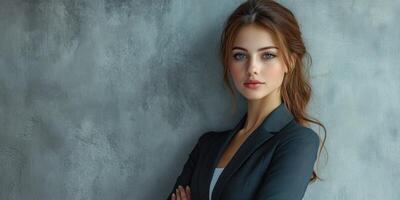 Elegant young woman in a formal attire posing confidently against a textured grey wall at an indoor location photo