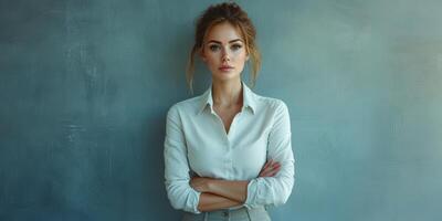 Confident woman posing in a light blue shirt against a textured background during daylight photo