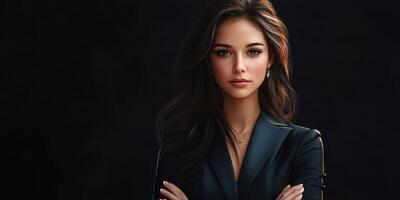 Confident young woman posing in a dark setting with stylish attire and a strong expression photo