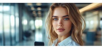 Young woman with blue eyes holding smartphone in modern office during daytime photo