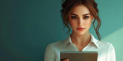 Young woman engaged with tablet in front of teal wall in indoor setting at daytime photo