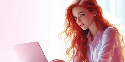 Young woman with long red hair working on a laptop in a bright and modern workspace during daytime photo