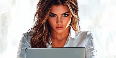 Woman engaged in focused work at a laptop in a modern indoor setting during daytime photo