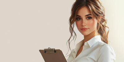 Young professional woman holding clipboard and looking directly at the camera in a neutral background setting photo