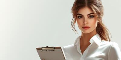Young professional woman holding a clipboard in a bright office setting during daytime photo