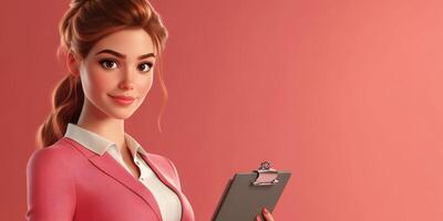 Confident woman in professional attire holding clipboard against a soft pink background photo