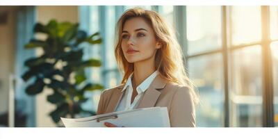 Professional woman in smart suit reflecting confidence in modern office setting during golden hour photo