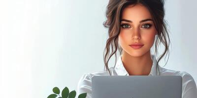 Young woman focused on work with laptop in modern workspace and greenery present photo