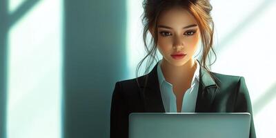 Woman in business attire focused on laptop at modern workspace during early morning hours photo
