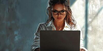 Woman working intently on a laptop in a softly lit room during the early morning hours photo