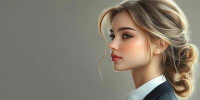 Young woman in professional attire with soft makeup showcasing elegance and confidence against a neutral background photo