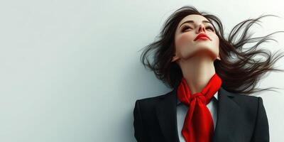 Confident businesswoman wearing red scarf and suit with flowing hair against light background photo