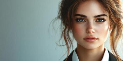 Beautiful young woman with captivating eyes posing against a soft background during golden hour light photo