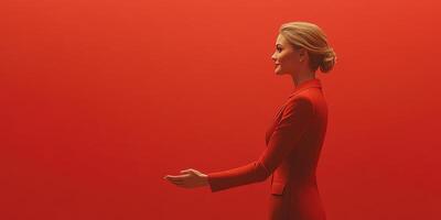 Woman in a red suit presenting against a bold red background during a professional event photo