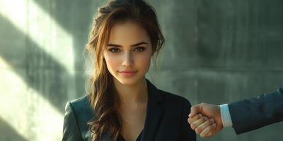 Close-up of a woman in a formal setting with distinct lighting and a subtle interaction from an unseen person photo