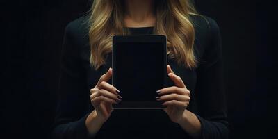 Woman holding a tablet with a dark background focusing on technology and communication during the evening photo