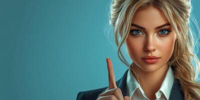 Young woman in business attire makes a confident gesture with her finger pointing upwards against a blue background photo