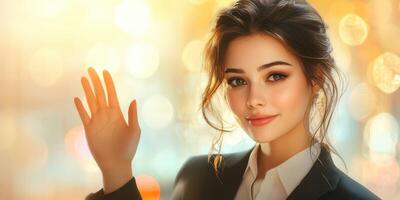 Smiling woman waving in a soft golden light setting, displaying warmth and professionalism photo