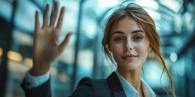 Confident woman waves hello in a modern office setting during the day photo