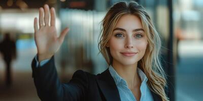 Woman smiling and waving with confidence in a modern urban environment during daylight hours photo