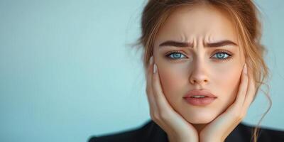 Young woman with concerned expression and striking blue eyes shows emotion in a softly lit room photo