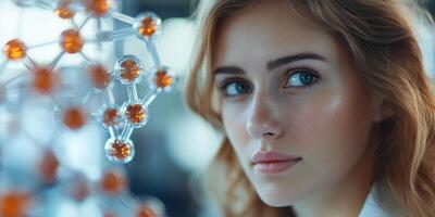 Young woman focused on molecular structure in a modern laboratory during daylight hours photo