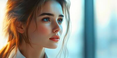 Young woman with bright eyes and soft features gazes thoughtfully by a window during the late afternoon light photo